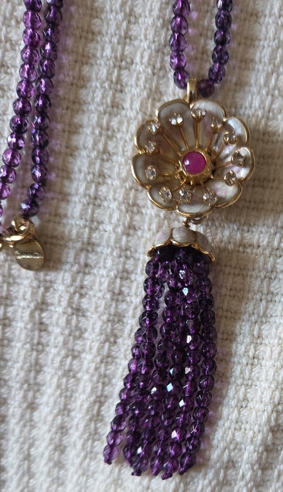 MMA Metropolitan Museum Art Signed Necklace Tassel Pendant Amethyst? Glass? 33″