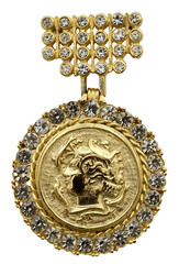 Vintage Faux Coin 1957 South Africa 1/2d Rhinestones Dangle Brooch Gold Tone
