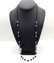 Modern Art Deco Black Clear Cut Crystal Bead Silver Tone Vintage Necklace 31 in