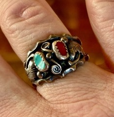 Vintage Max Calabaza Navajo Ring 925 Sterling Silver Turquoise & Coral SIZE 9.5