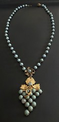 Antique Czech Glass Grape Cluster Necklace Brass Blue Bead Art Deco Neiger Style