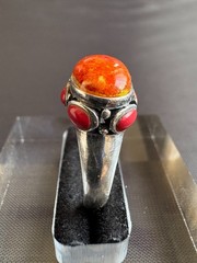 925 Sterling Silver Coral and Jasper Ring Handcrafted Ring Size 6.75 US