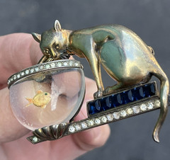 1940s Anthony Aquilino Sterling Silver Cat Fishing Fish Bowl Jelly Belly Brooch