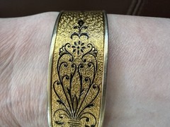 Antique Art Deco Bangle JJ White Bracelet Gold Plated Green Stone Vintage