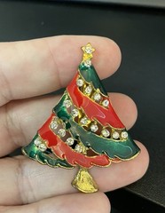 Christmas Trees Brooch Pin Red Green and Gold with Rhinestones