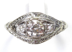 Antique 3 Diamond Filigree Engagement 14K-18KW Gold Ring Size 9 UK-R1/2 EGL USA