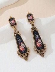 Vintage Floral Painting Victorian Style Dangle Earrings