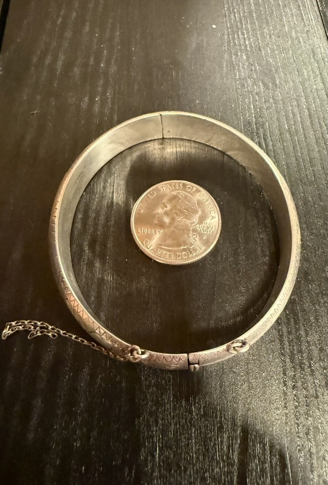 Vintage Silver Hinged Bangle Bracelet With Safety Chain Stamped 925