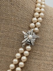Vintage Hand Knotted Faux Pearl Double Strand Rhinestone Floral Clasp Necklace