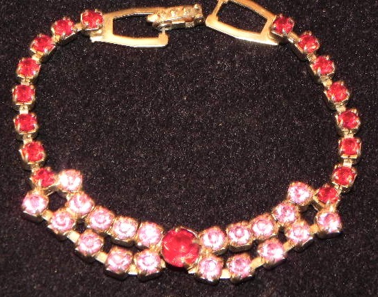 Vintage 2 Row Pink Red Rhinestone Gold Tone 7.25″ Bracelet