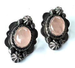 Vintage Rose Quartz Southwestern Stud Earrings Tested As Sterling Silver #22