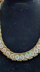 Vintage 1940s Enamel Brass Panel with Hand Painted Pink Rose Choker Necklace 15″