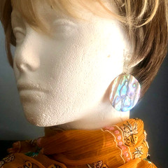 VTG Paua Abalone Shell Round DISK EARRINGS 2.25″ Peacock Blue Green 925 HOOKS