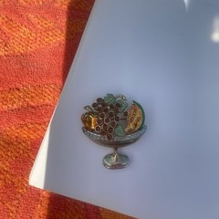 Vintage Fruit Bowl Brooch Apple Watermelon Grapes Gold Tone