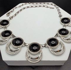 Vintage SARAH COVENTRY Silver Tone Faux Black Onyx Choker Necklace 17.5” Adjusts