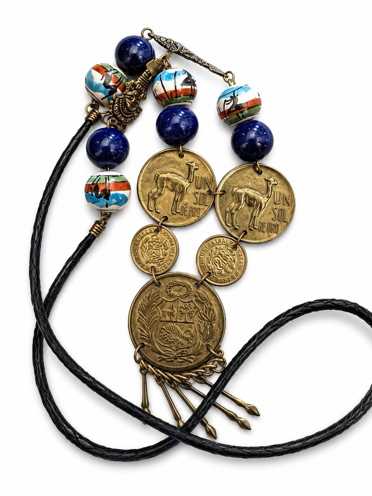 Vntg 1968 Peruvian Coin Bib Necklace Lapis Lazuli Ceramic Llama Boho Brass Peru