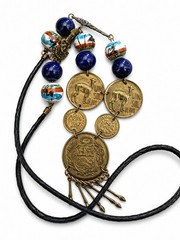 Vntg 1968 Peruvian Coin Bib Necklace Lapis Lazuli Ceramic Llama Boho Brass Peru