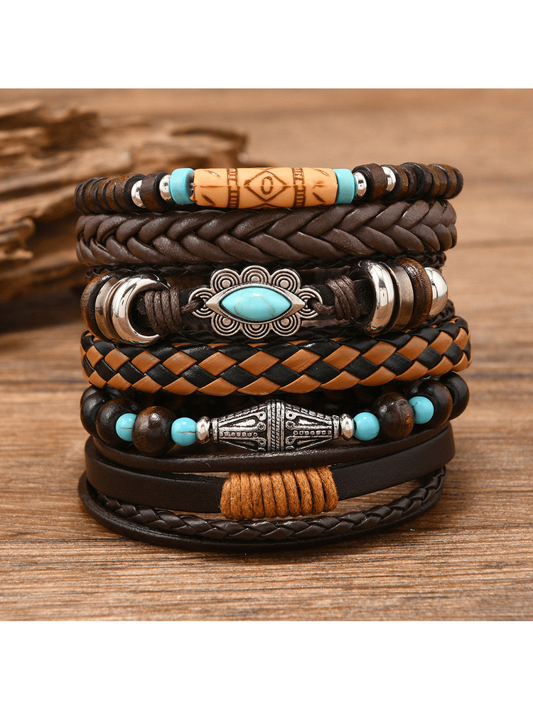 6pcs A Size Vintage Punk Leather Bracelet Set With Turquoise Wood Beads