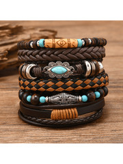 6pcs A Size Vintage Punk Leather Bracelet Set With Turquoise Wood Beads