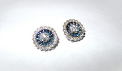 Vintage JOMAZ Signed Silvertone Rhinestone Clip On Earrings Blue/Clear