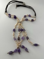 Amethyst & 2 MM Pearl Statement Piece 20 Inch Necklace