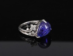 Estate 6.85ct Cabochon Cut Tanzanite & 0.24ct Diamond Platinum Ring Size 5.75