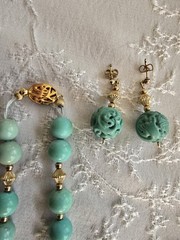 Chinese Turquoise Shou Carved Bead Earrings & Necklace 21” Gold Plated Clasp