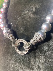 15.5”IN VINTAGE STERLING SILVER & MARCASITE CLASP W 15MM GRAY FAUX PEARLS