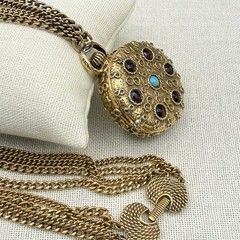Vintage Goldette Trinket Locket Multi Strand Chain 30-42″ Blue Red Scrollwork