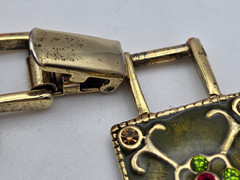 Vintage Worthington Enamel Crystal Link Bracelet Gold Tone Floral Gothic 6.75 In