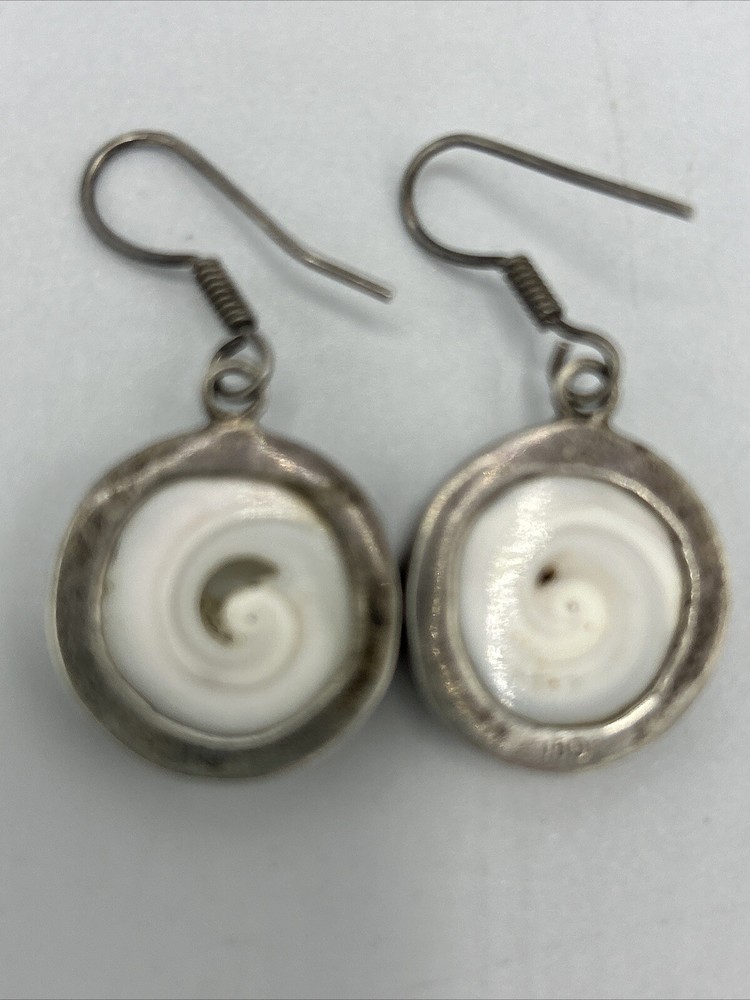 Vtg Sterling Silver 950 Shiva Eye Swirl Shell Drop Dangle Earrings 1.5″