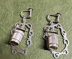 Vintage 1950s Wishing Well Bucket 925 Sterling Silver Screw Back Earrings 6.24g