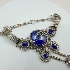Vintage Silver Tone Slave Bracelet Ring Set Blue Cabochon Stone Boho Filigree