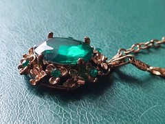 Vintage Jewelry, Green Stones and Chain Pendant, Antique Jewelry, Made in USSR