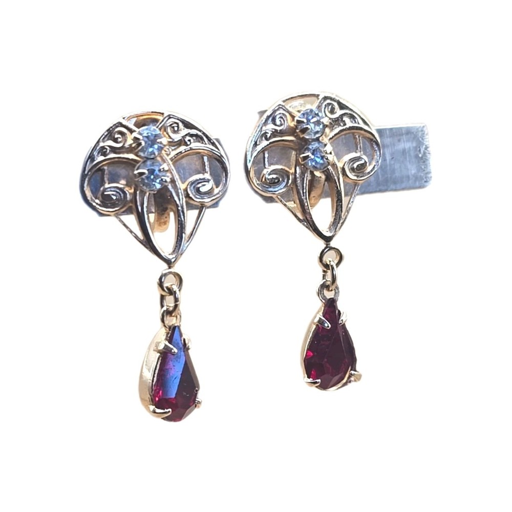 Art Nouveau Red Glass Screw Back Dangle Earrings Gold Tone