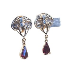 Art Nouveau Red Glass Screw Back Dangle Earrings Gold Tone