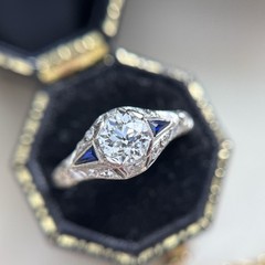 Art Deco Old European Cut Diamond Sapphire Engagement Ring