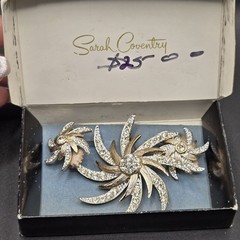 Sarah Coventry Gold/Silver Tone Rhinestone Floral Brooch & Clip-On Earrings Set