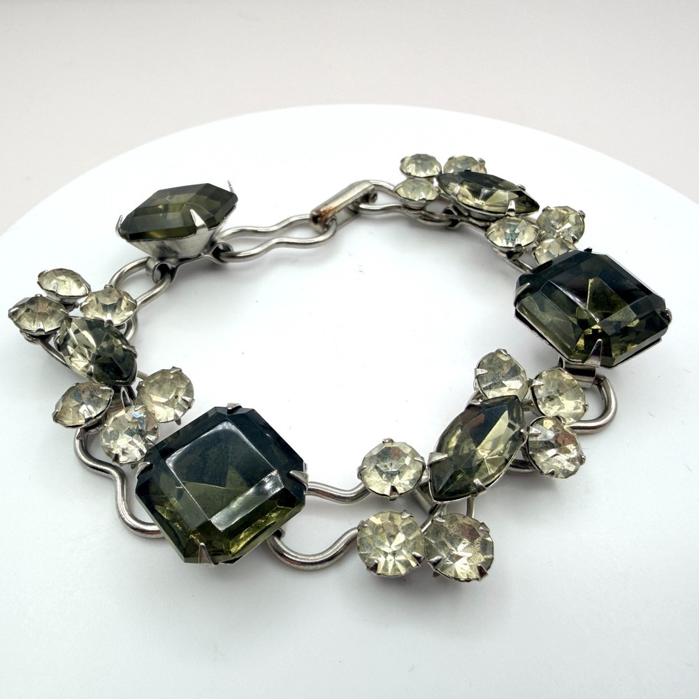 Vintage Silver Tone Chunky Rhinestone Bracelet Gray Emerald Cut Geometric Retro