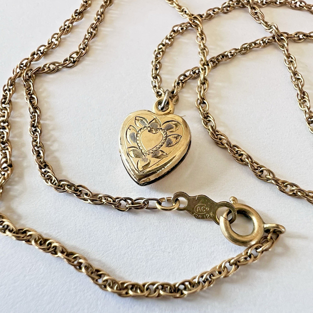 Vintage 1/20 12K GF Heart Shaped Locket and Chain Necklace Signed H.F.B. – 2.82g