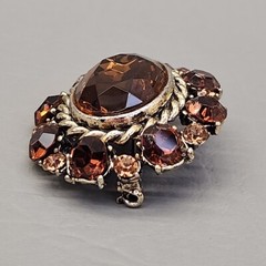 Vtg Rhinestone Brooch Gold Tone Oval Brown Glass Orange Domed Pin 1.75 in