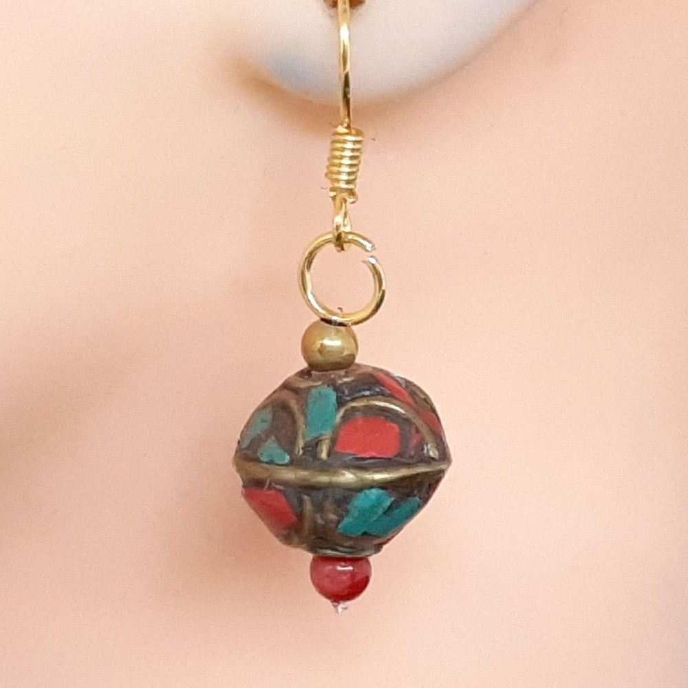 Vintage 2.90ctw Turquoise & Carnelian 14K Yellow Gold Silver Earrings 6g