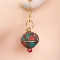 Vintage 2.90ctw Turquoise & Carnelian 14K Yellow Gold Silver Earrings 6g