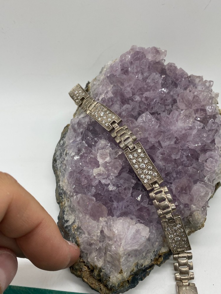 Vintage Sterling Silver Pave Crystal Link Bracelet 8.5″