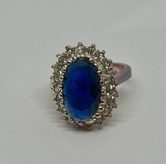 Rose Gold Dark Blue Oval Faceted Stone & Rhinestone Halo Ring Size 7