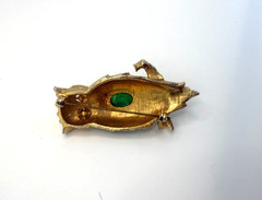 Vintage Florenza Owl Brooch Blue Green Foiled Cabochon Enamel Gold Tone Pin