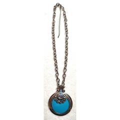 Vintage Turquoise Pendant Necklace Silver Tone Marcasite Style Thick Oval Link