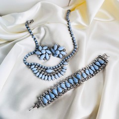 Vintage Light Blue Milk Glass Rhinestone Necklace Bracelet Earrings Jewelry Set