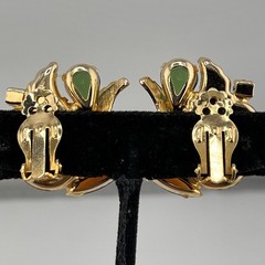 Vintage Edlee Molded Glass Gold Tone Green Amber Rhinestone Chunky Earrings