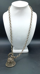 Vintage Art Pepper Necklace Bell Pendant Silver Tone Chunky Raised Detail Signed